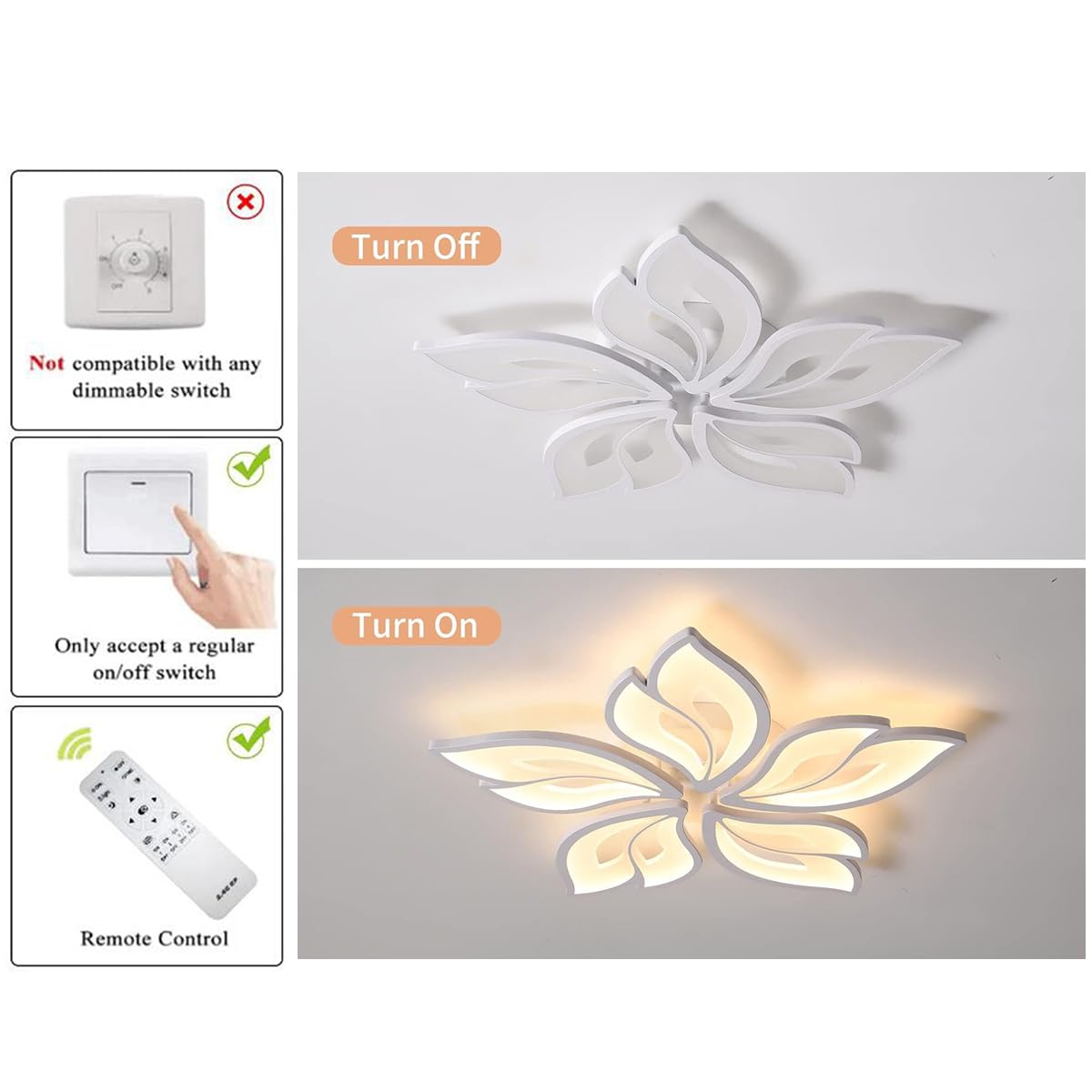 Garwarm Modern Ceiling Light,23.6” Dimmable LED Chandelier Flush Mount Ceiling Lights,Remote Control Acrylic Leaf White Lamp Fixture for Living Room Dining Room Bedroom 60W