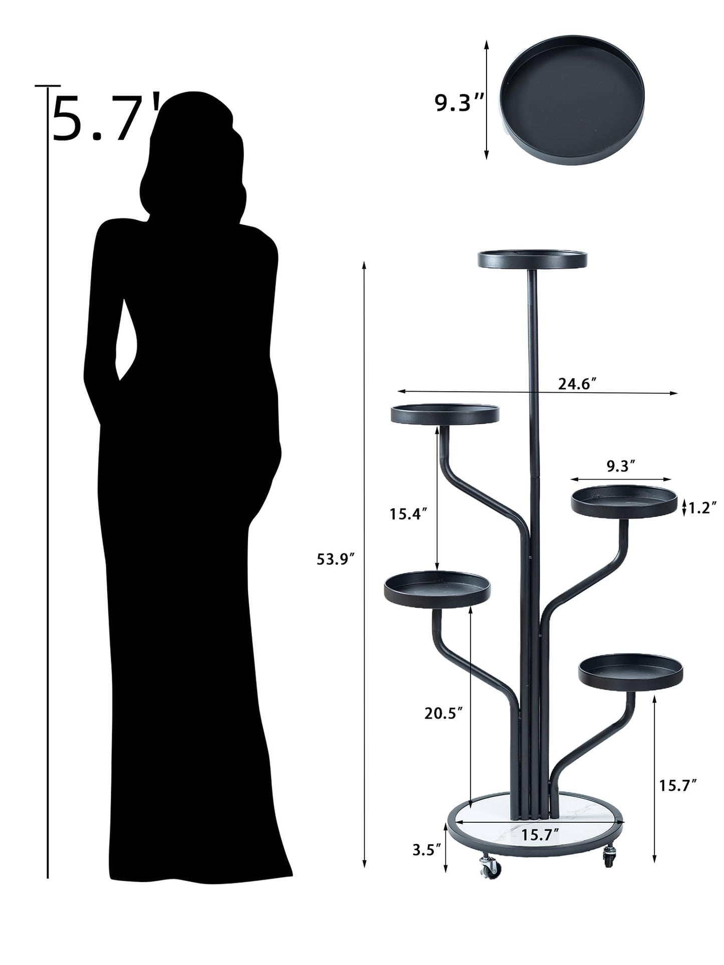 CHPHI 5 Tier Indoor Plant Stand Wrought Iron, Tall Metal Plant Stand with Wheels, Metal Rolling Plant Shelf with 5 Trays, Multi-tier Rolling Display Stand for Home and Office(Black)
