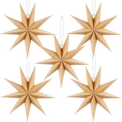 BestoFun 12 Inches 5 PCS Natural Paper Star Lanterns Christmas Hanging Lamp Rustic Paper Decorations Shade Wedding Birthday Christmas Home Party Decorations (9 Pointed)