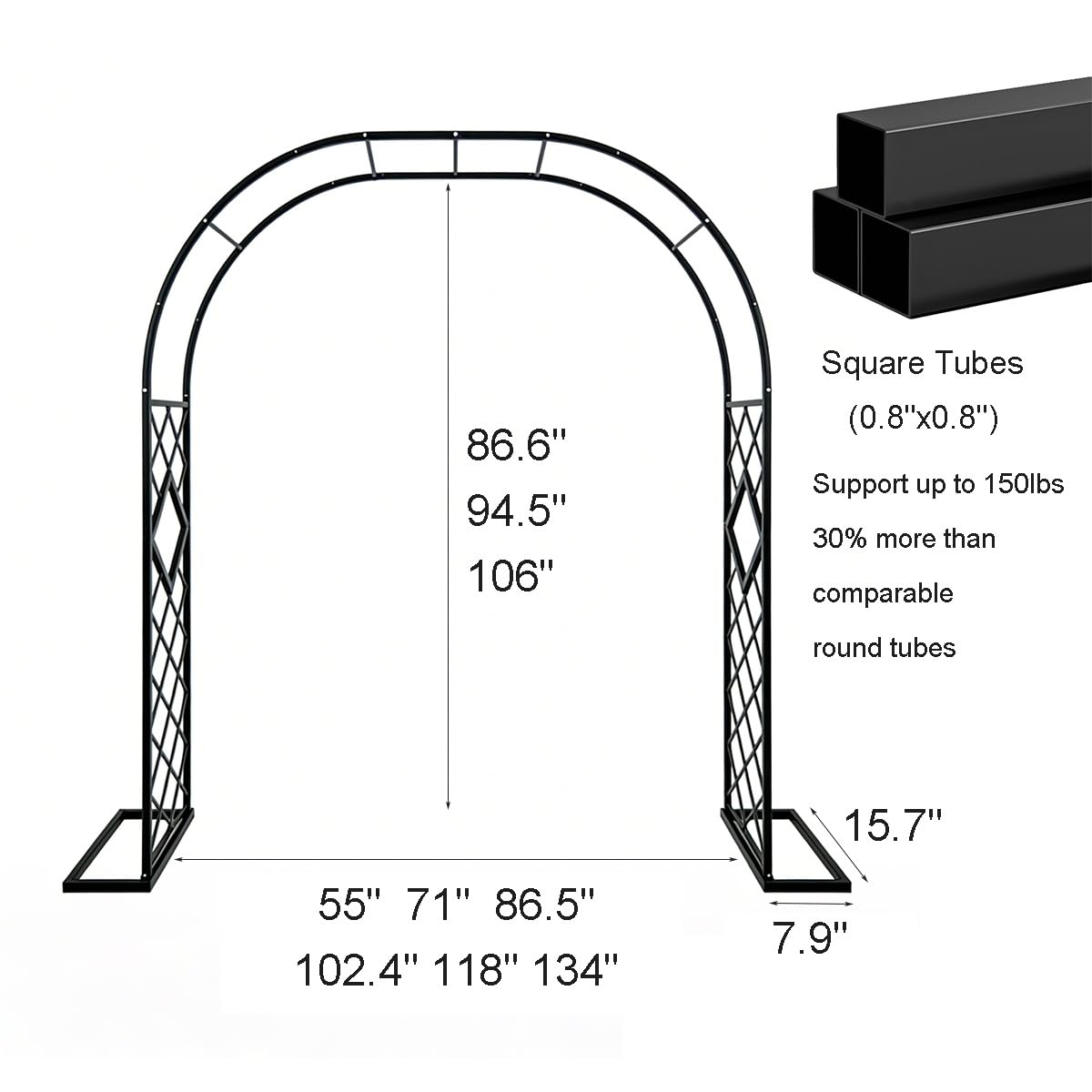 Garden Arch Metal Pergola Archway with Base, 86.5" 118" 134" 55" 71" Heavy Duty Steel Trellis for Climbing Plants, Outdoor Arbor for Wedding Backyard Lawn Pathway(Green-Diamond,55" W x 86.6" H)