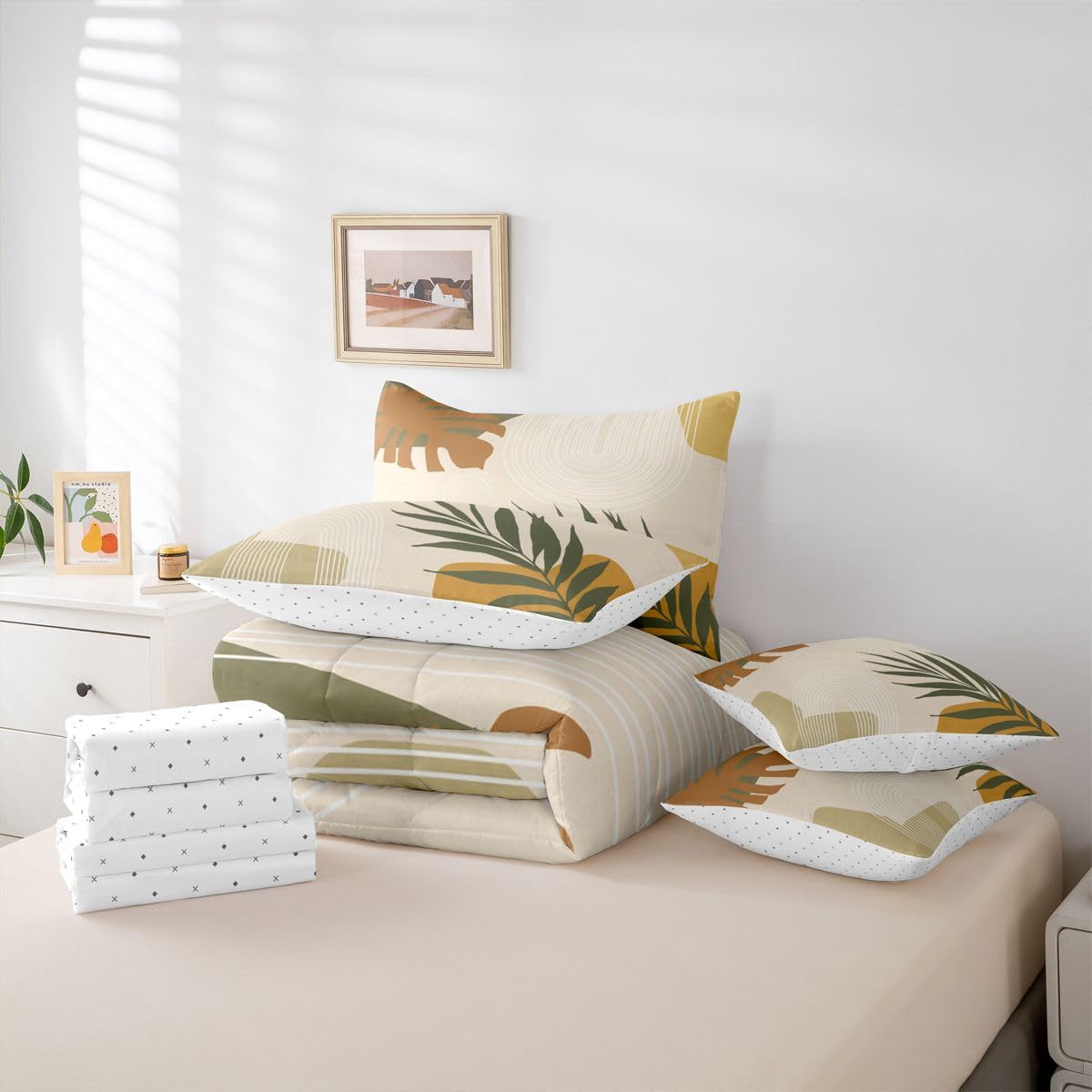 Erosebridal Beige Green Boho King Size 7 Pcs Bedding Set, Mid Century Abstract Simple Comforter Set with Sheets, Modern Minimalist Arch Geometric Bed Sets, Tropical Palm Leaf Aesthetic Bed in A Bag