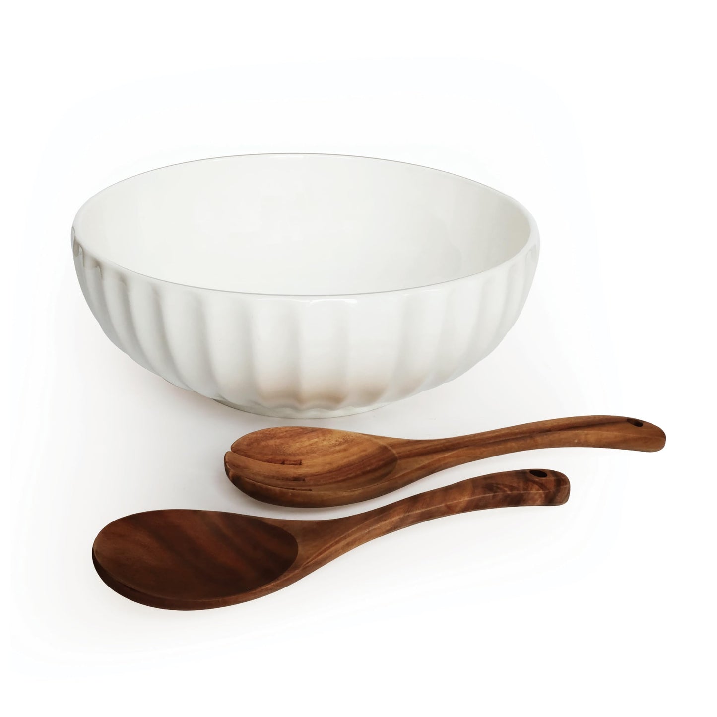 seicasaya 12-Inch Large Ceramic Salad Bowl Set with Wooden Servers, Decorative Serving Bowl with Ribbed Design for Pasta, Fruit (White)