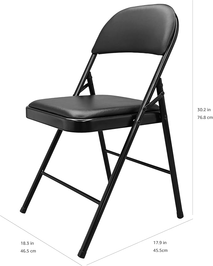 Amazon Basics Comfortable Vinyl-Padded Metal Steel Folding Chairs for Events, Easy to Fold and Store, Black, 4-Pack