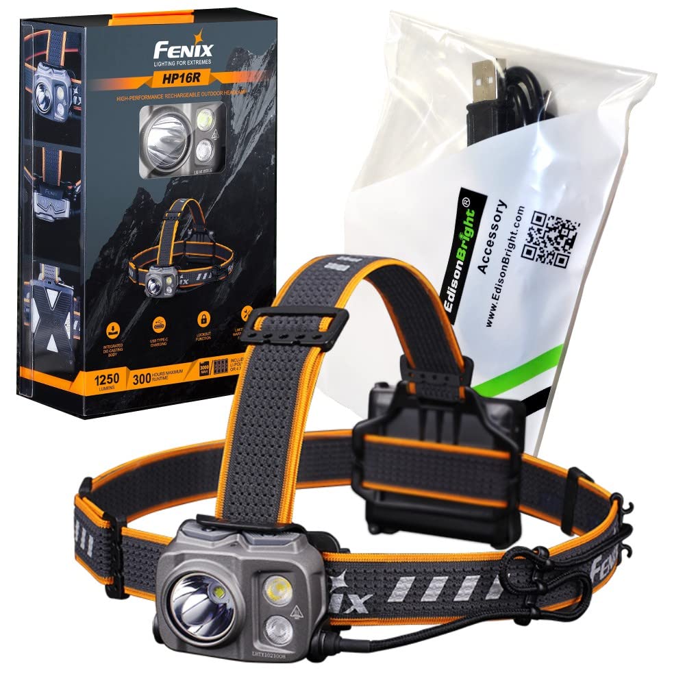 Fenix HP16R 1250 lumen dual white beam & red LED Headlamp, rechargeable battery with EdisonBright USB type-C charging cable
