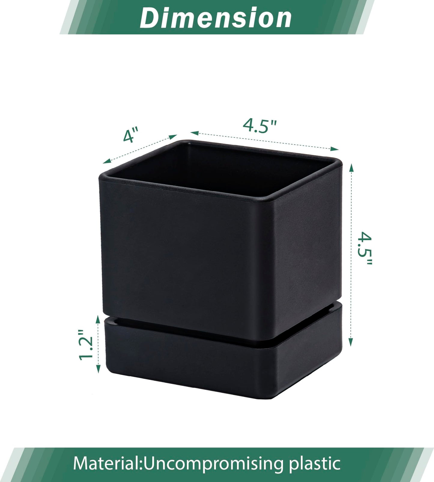 D'vine Dev 4 Inch Herb Planter Pot, Plastic Planter with Drainage Holes and Saucer, Modern Decorative Gardening Pot for Indoor Plants, Flowers, Herbs, Succulents, Black, Set of 3, 76-Y-B3-1