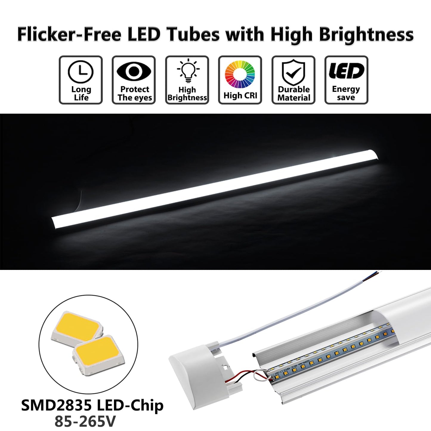 Bellanny 40W LED Batten Lights, 4ft LED Tube Light, 6500k Daylight White Ceiling Surface Mounted Light, 4800LM 180 °Beam Angle Ceiling Light for Office, Bathroom, Kitchen (2 Packs)
