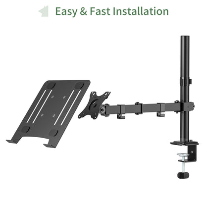 Laptop Desk Mount, Single Laptop Stand Arm with Vented Tray for 17 inch Notebook or 14”-32” Monitor, Holds up to 17.6 lbs, Fully Adjustable, Clamp/Grommet Mounting, VESA 75/100mm