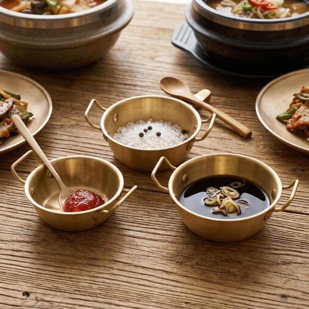 Anu Limen 3 Pcs Multiple Sizes Golden Stainless Steel Round Sauce Bowl with Handle Reusable Stackable Dipping Seasoning Dish for Appetizer Soy Sauce
