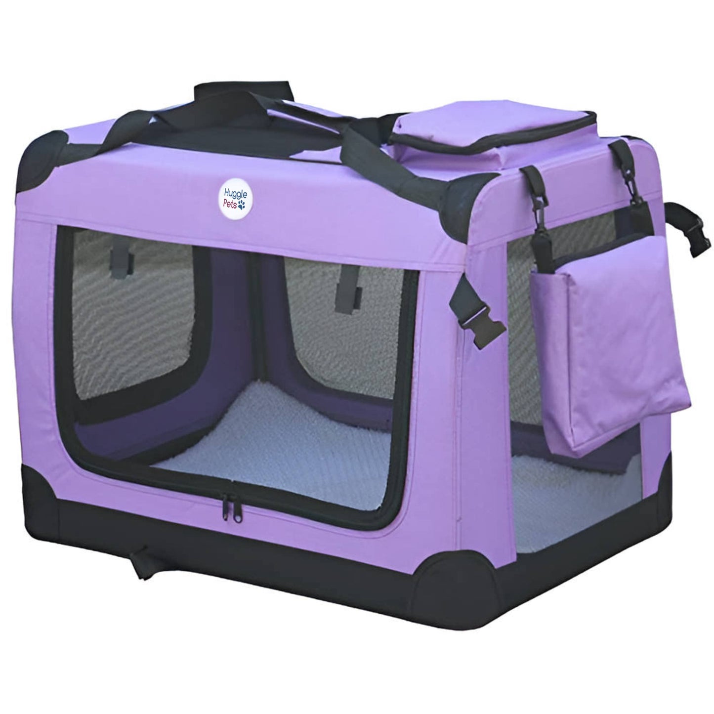 HugglePets Foldable Fabric Pet Crate Carrier - Purple (Large 70 x 52cm) Lightweight & Ventilated Double Door Carrier for Dogs & Cats with Sheepskin Mat. Ideal for Home & Travel.
