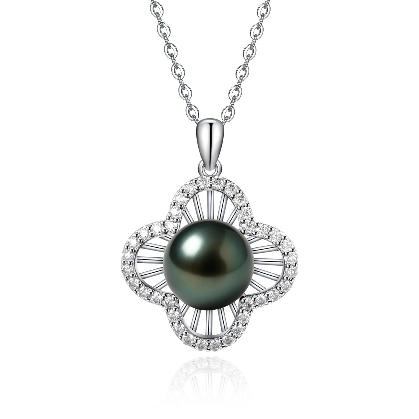 Tahitian Black Pearl Necklace for Women - Gift for Wife, Mom, Grandma, Jewelry Gifts for Wedding Anniversary Birthday Christmas, 9-10mm Seawater Pearl with Sterling Silver Moissanite Clover Pendant