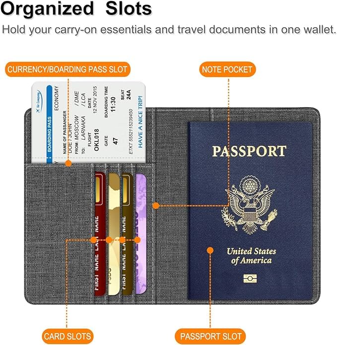FINTIE Passport Holder Travel Wallet RFID Blocking PU Leather Card Case Cover, Denim Charcoal Brown