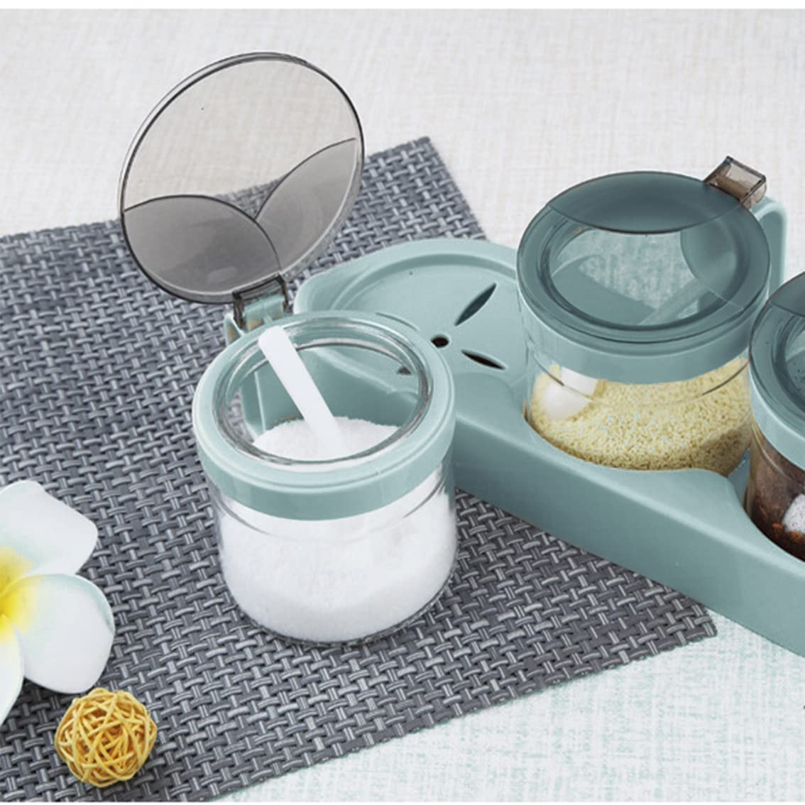 TENTA TENTA KITCHEN Gourmet Seasoning Box with Serving Spoons, Spice Jar Set Condiment Cruet Bottle, Kitchen Supplies,Nice Design for Kitchen (glass)