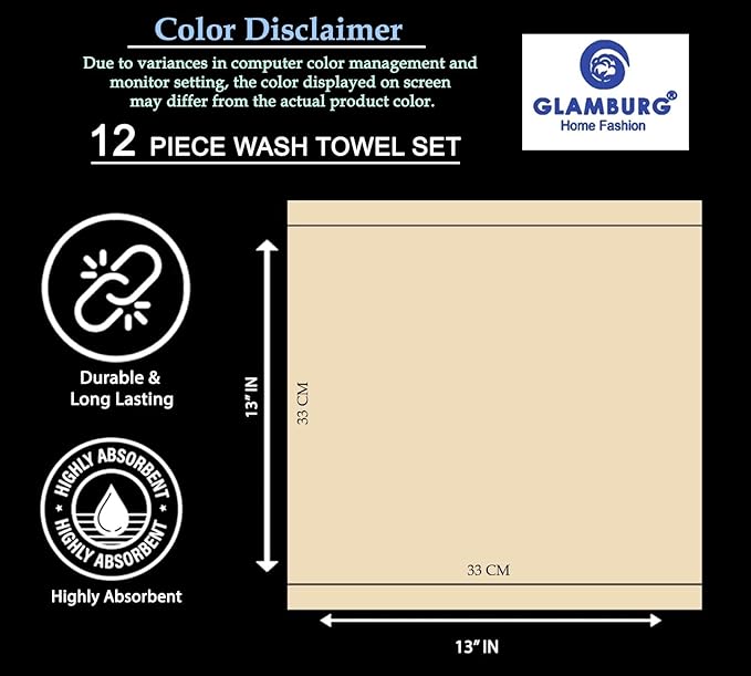 GLAMBURG Ultra Soft 12-Piece Washcloths Set 13x13-100% Ringspun Cotton