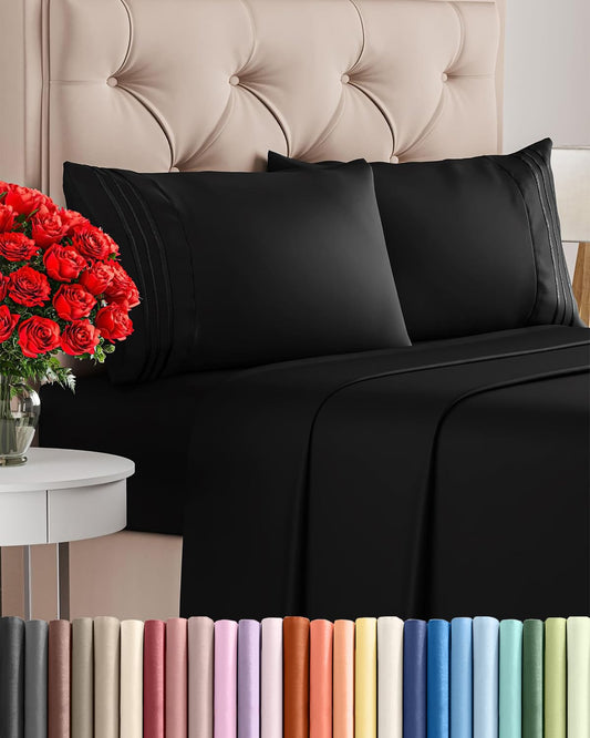 Full Size 4 Piece Sheet Set - Comfy Breathable & Cooling Sheets - Hotel Luxury Bed Sheets for Women & Men - Deep Pockets, Easy-Fit, Extra Soft and Wrinkle Free Sheets - Black Oeko-Tex Bed Sheet Set