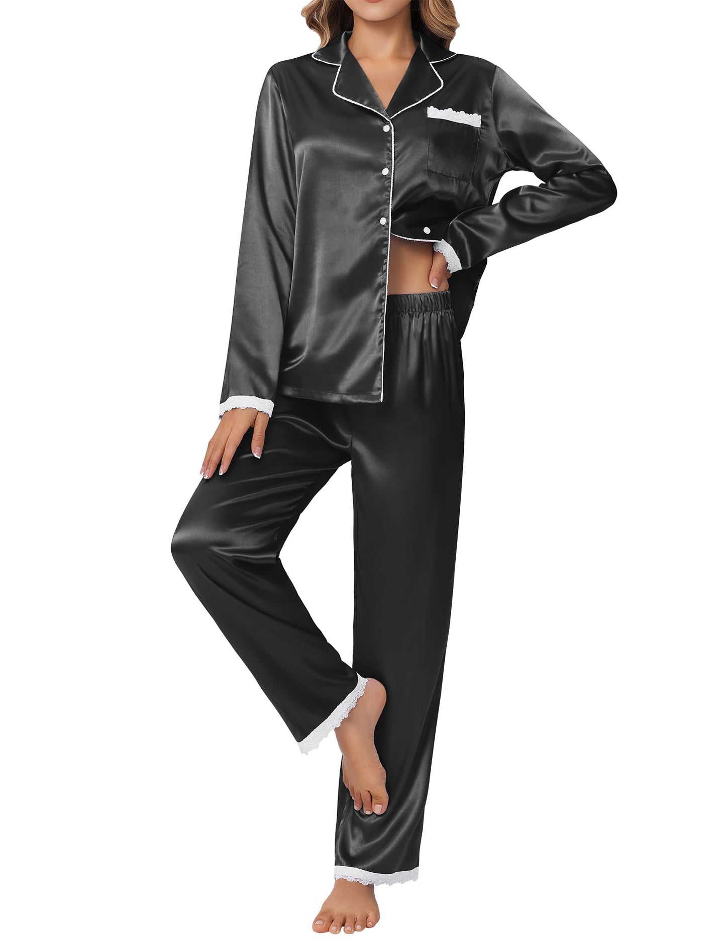 Ekouaer Satin Pajamas for Women Silk Long Sleeve Sleepwear Button Down Loungewear 2 Pieces Lace Soft Pjs Set