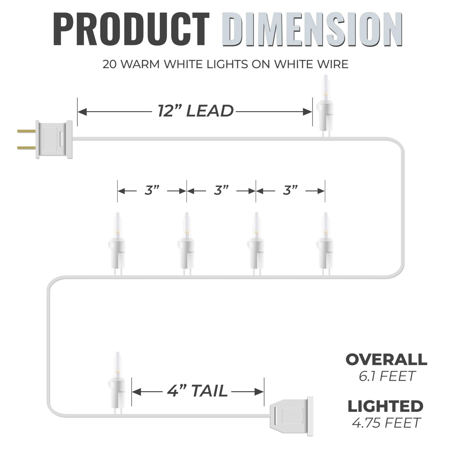 612 Vermont 20 LED Clear Christmas Lights on White Wire Cord, UL Approved, Indoor and Outdoor Use, 4.75 Foot of Lighted Length, 6.1 Foot of Total Length (Pack of 2)