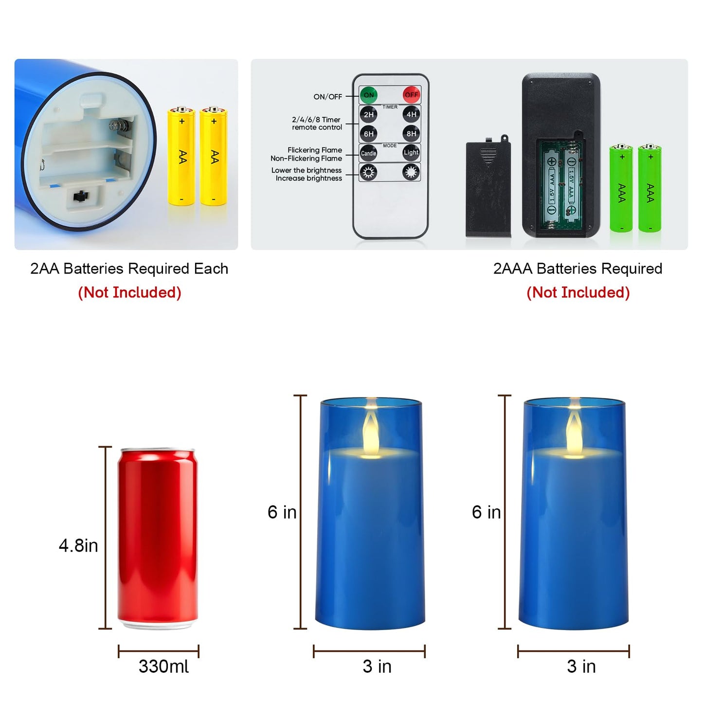 Raycare Flameless Electronic Pillar Candles with Remote Control and Timer- Battery Operated Realistic Flickering LED Fake Candle for Home, Wedding, Valentine's Day Decor,Blue,Set of 2(3"x6"6")