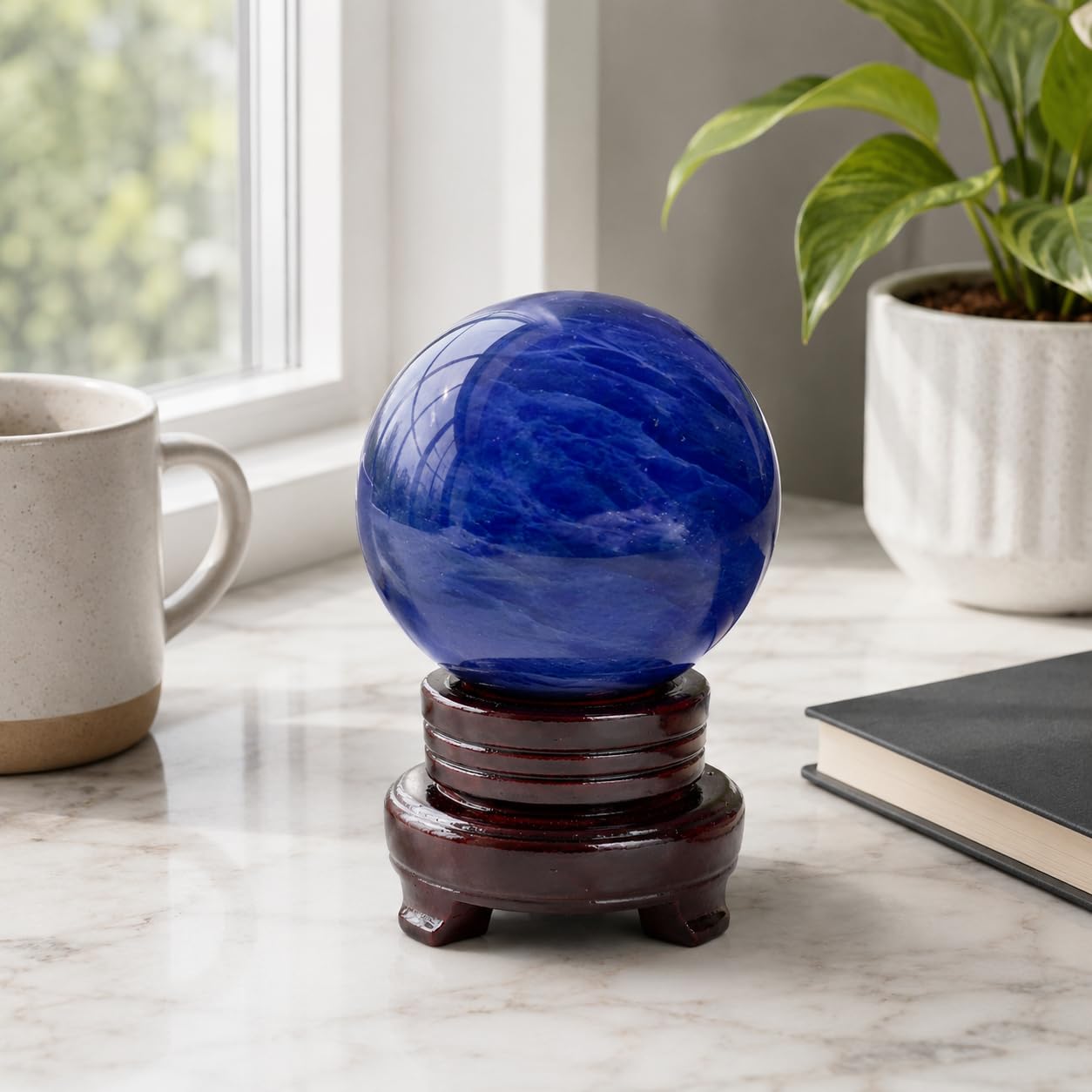 Lodkksg Blue Crystal Ball(100mm-3.93 inches) with Display Stand—Natural Sapphire Sphere for Decoration and Divination