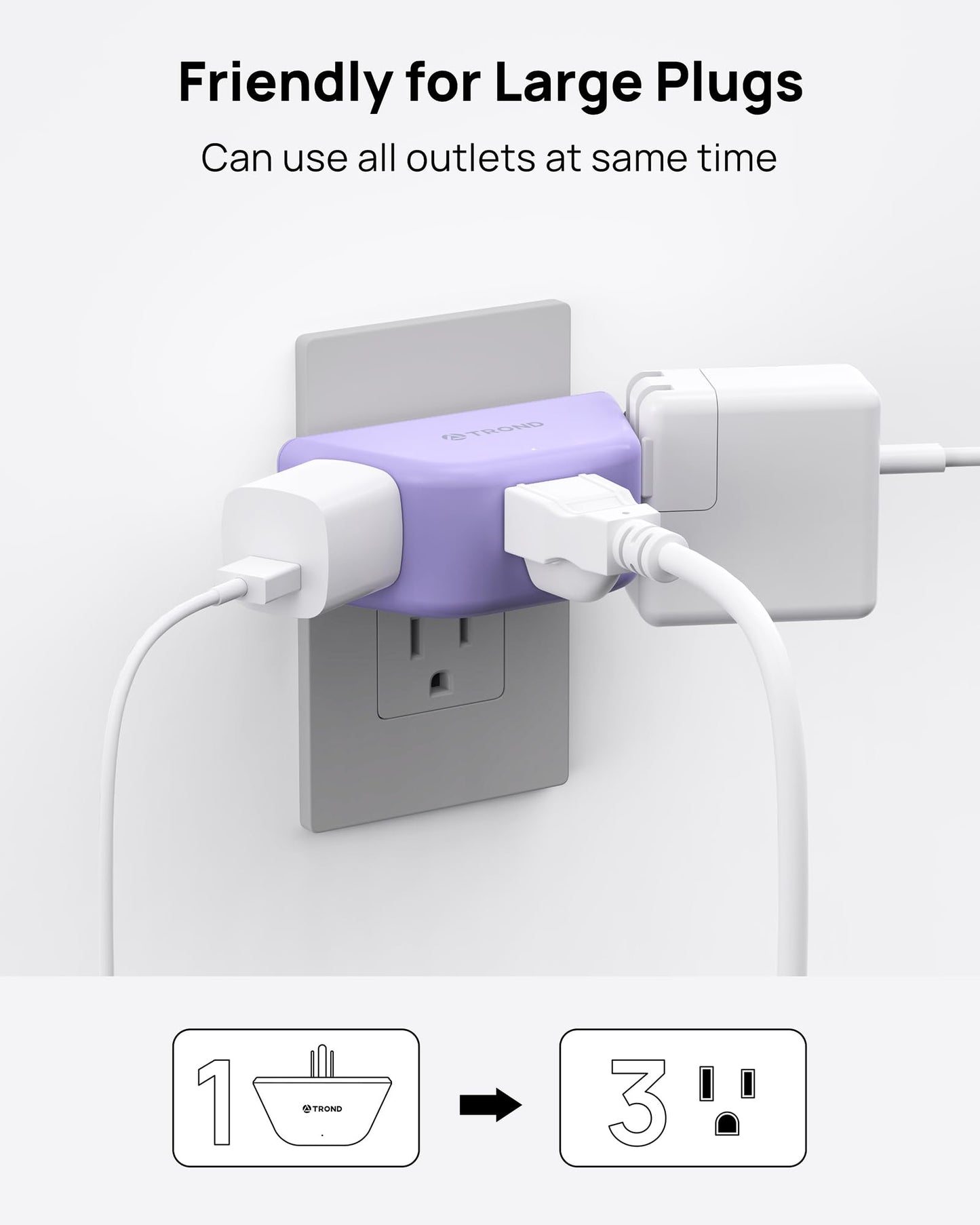 TROND Multi Plug Outlet Extender 2 Pack - Electrical Wall Splitter, 3 Way Angled Wall Outlet Adapter, Cruise Essentials, Small Multiple Plug Expander for Cruise Ship Home Office Dorm Room, White