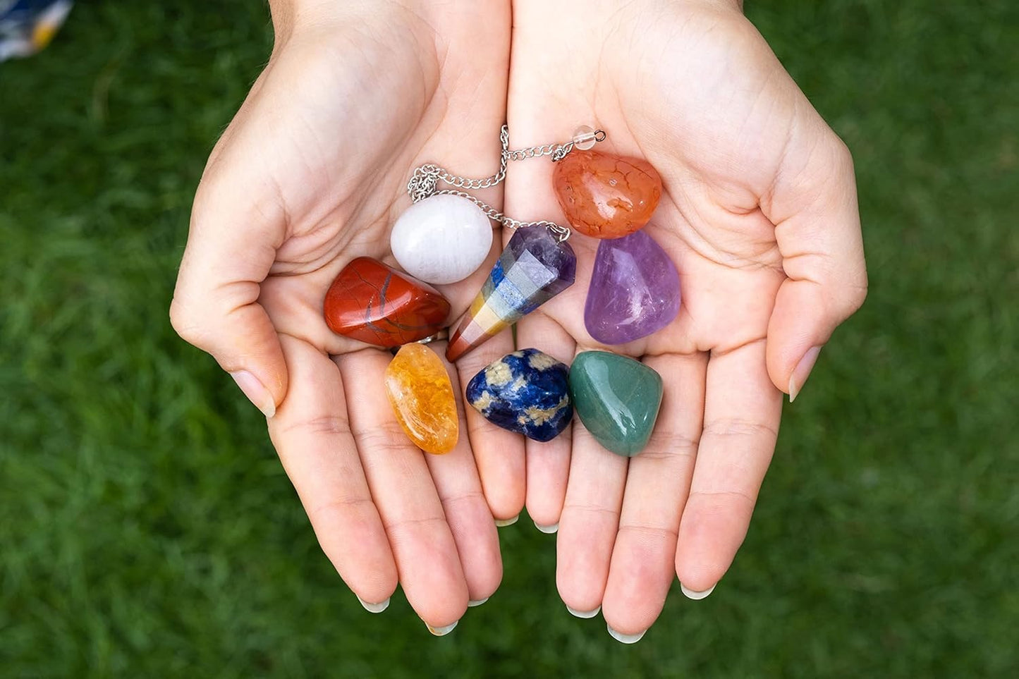 Crystals and Healing Stones Premium Kit Wooden Box - Chakra Stones Healing Crystals Set, Rose Quartz, Amethyst Cluster, Quartz Points, Chakra Pendulum (Aa Essential Chakra Pyramid Collection)