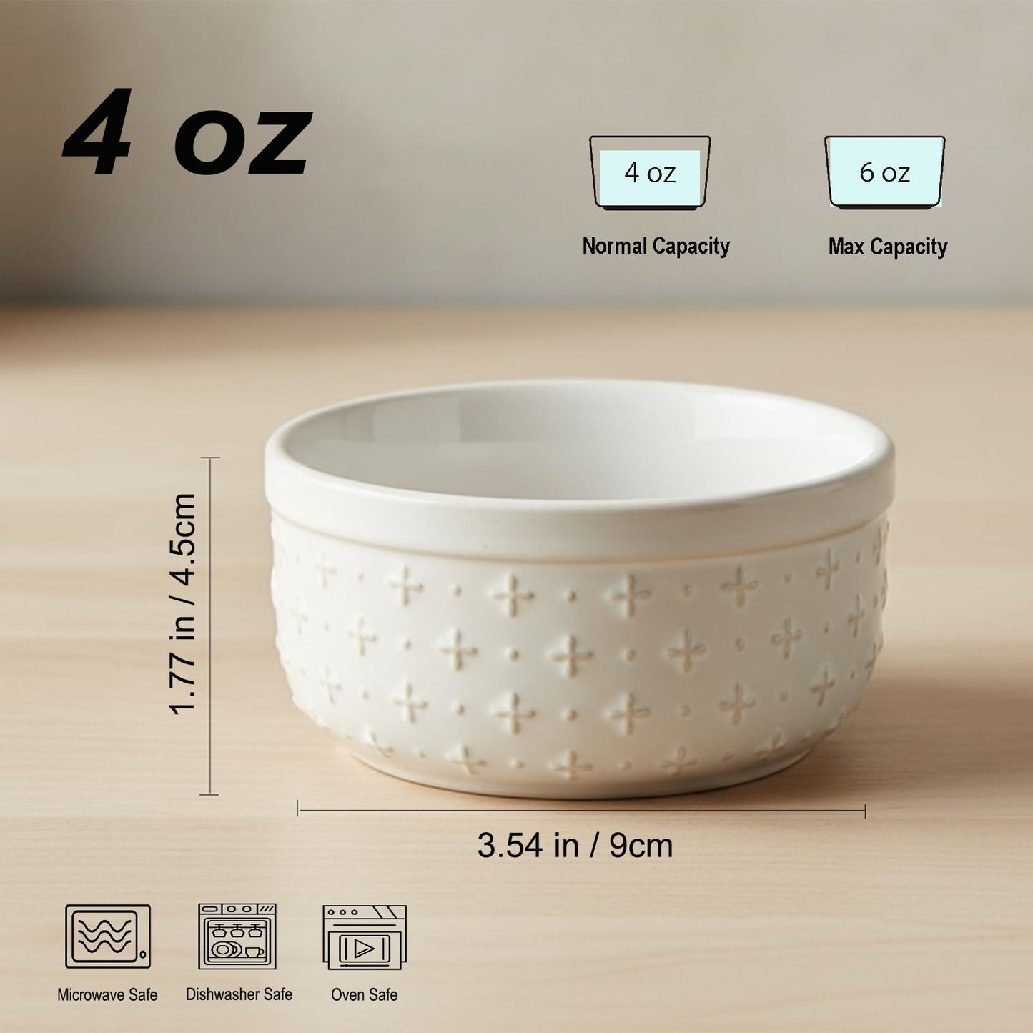 UNICASA Ramekins 4 oz, Set of 6, Thick Wall Ceramic Baking Dishes for Creme Brulee, Dips, Non-Toxic, Dishwasher & Oven Safe, Farmhouse Individual Dessert Cups