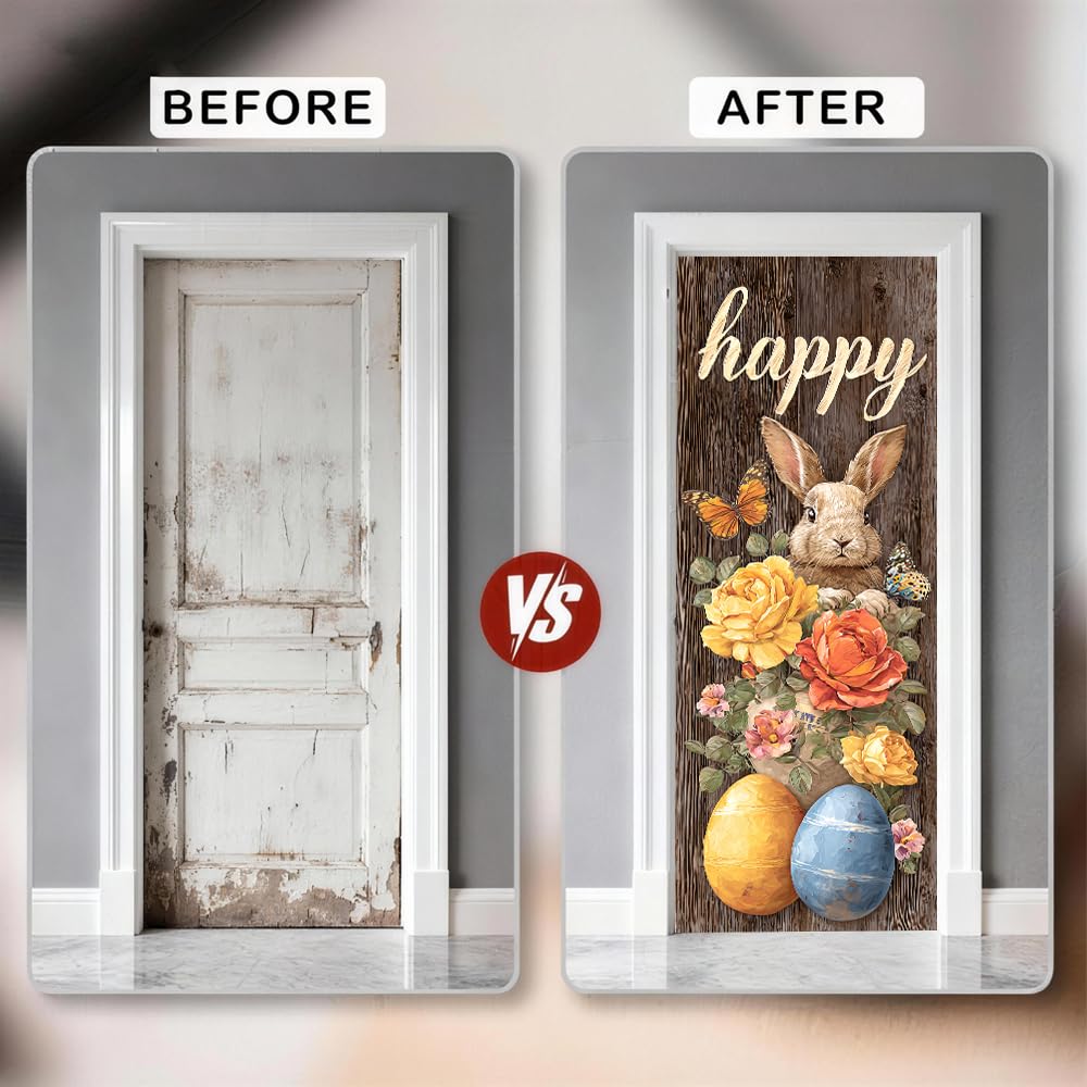 WDESYADMS PVC Self Adhesive Door Sticker 30.3x78.7 Inch Easter Bunny with Flowers and Eggs Design Peel and Stick Decorative Door Decal for Bedroom Living Room Entryway Spring Home Decor