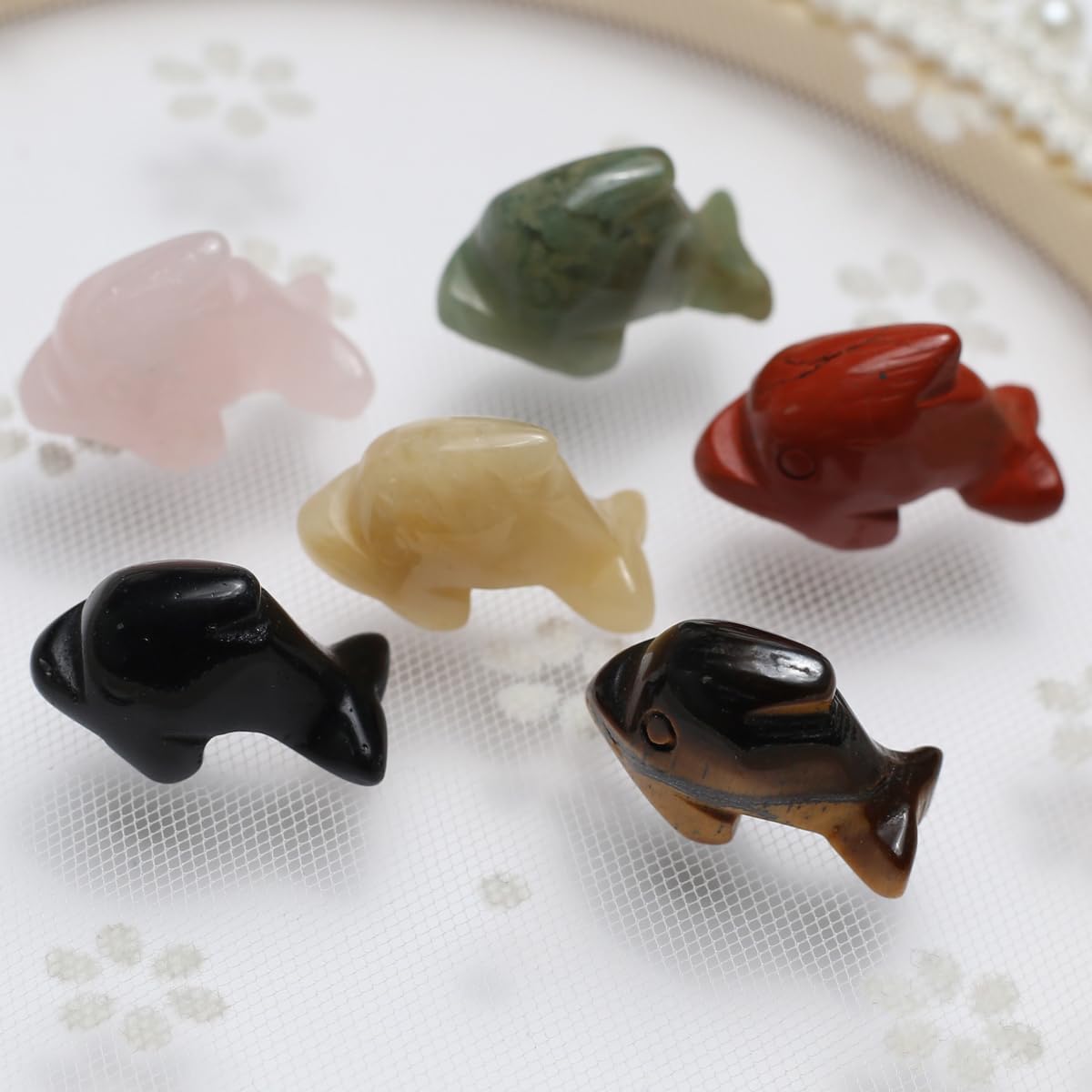 LHJ 7 Pcs Natural Stone Ornaments Crystal Décor Stone Figurines Carved Healing Statue Home Table Sculpture Cute Dolphin Decoration for Women Men Gift