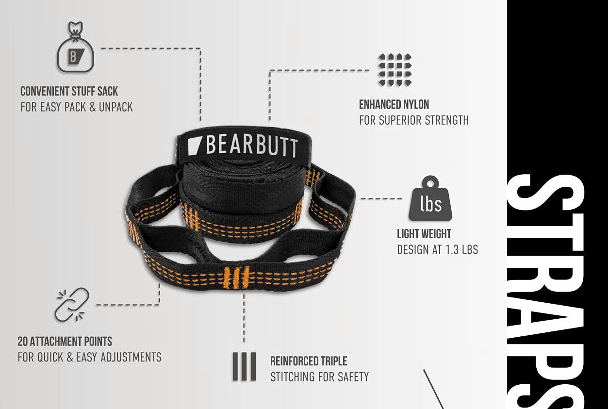 Bear Butt Kodiak Hammock Straps For Trees - 20 Feet Long Hammock Tree Straps - 40 Combined Loops - Holds 1000 Pounds - Camping Hammock Straps - Hammock Tree Straps With Carabiner - Hammock Accessories