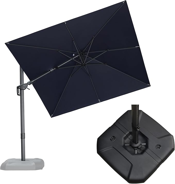 PURPLE LEAF 8' X 8' Tilting Patio Umbrella with Base Outdoor Cantilever Swivel Square Umbrella with Tilt Aluminum Offset Umbrella with 360-degree Rotation for Garden Deck Pool Patio Navy