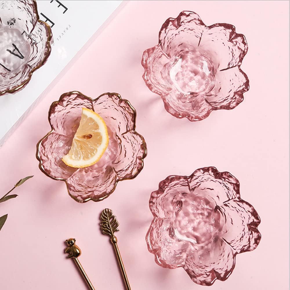 Glass Votive Candle Holders,Glass Seasoning Dishes,Cherry-Blossom Tea Bag Holders,Pink Flower Snack Dip Bowls,Set of 6 Tealight Pillar Trays for Party Housewarming Christmas Valentine Wedding Decor