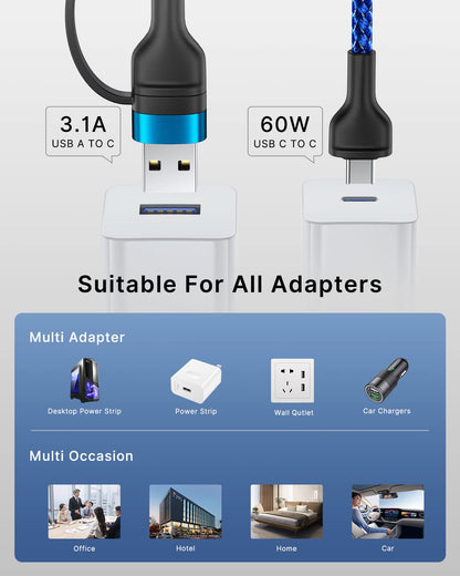 4 in 1 Charging Cable, USB C Lightning Adapter USB C to USB C 60W PD [Fast Charging & Data Sync] 4 in 1 Multi Charger for iPhone 16 15 14 13 12,MacBook Pro 2023 iPad mini 6/Pro,Samsung Galaxy S22 S21
