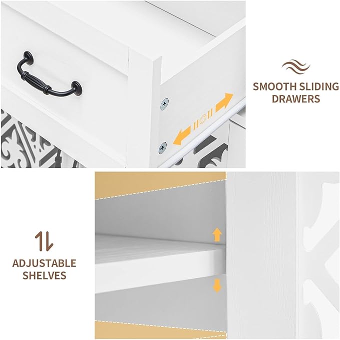 59″ White Bohemia 4 Heart Shaped Carved Doors, 2 Drawers and 2 Adjustable