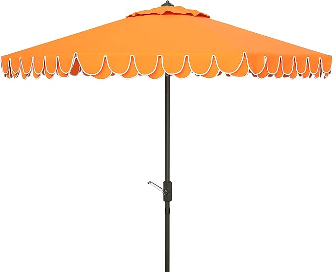 SAFAVIEH 9ft Outdoor Patio Umbrella, Round, Valance, Orange, Auto Crank Tilt, UV Resistant for Deck, Backyard, Poolside (PAT8006O)
