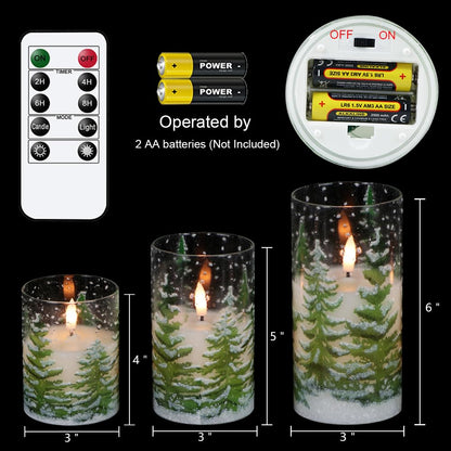 Eldnacele Christmas Tree Glass Flameless Candles Remote and Timer, Battery Operated Flickering LED Pillar Candles Warm White Light 3 Pack Dinner Xmas Festival Gift Holiday Decor(Green,3×4/5/6 Inch)