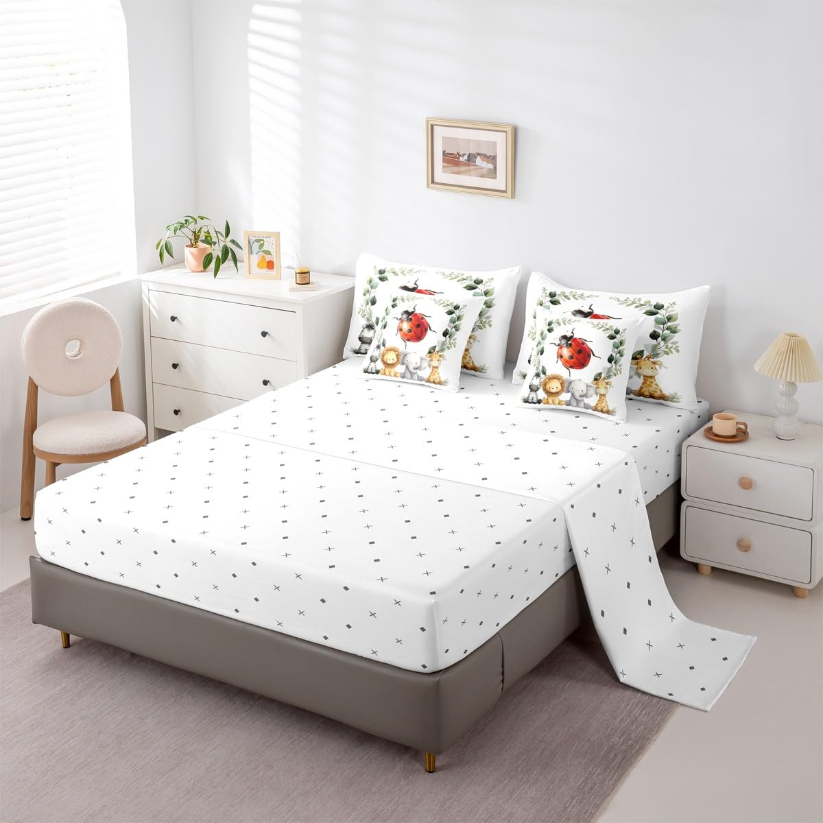 Erosebridal Cute Zoo Animal Twin Size Comforter Set with Sheets Kids | Kawaii Ladybug 7-Piece Bedding Set Botanical Eucalyptus Bed in a Bag Cartoon Zebra Lion Elephant Giraffe Bed Quilt Sets