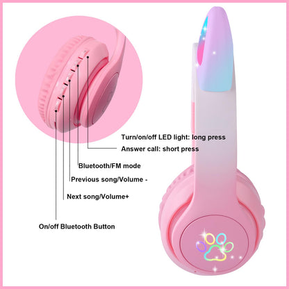 HOYJACY Cat Ear Kids Bluetooth Headphones for Girls Children Teens, LED Light Up Wireless/Wired Mode Foldable Stereo Girls Headphones with Built-in Mic for School Birthday Xmas Gift (Pink)
