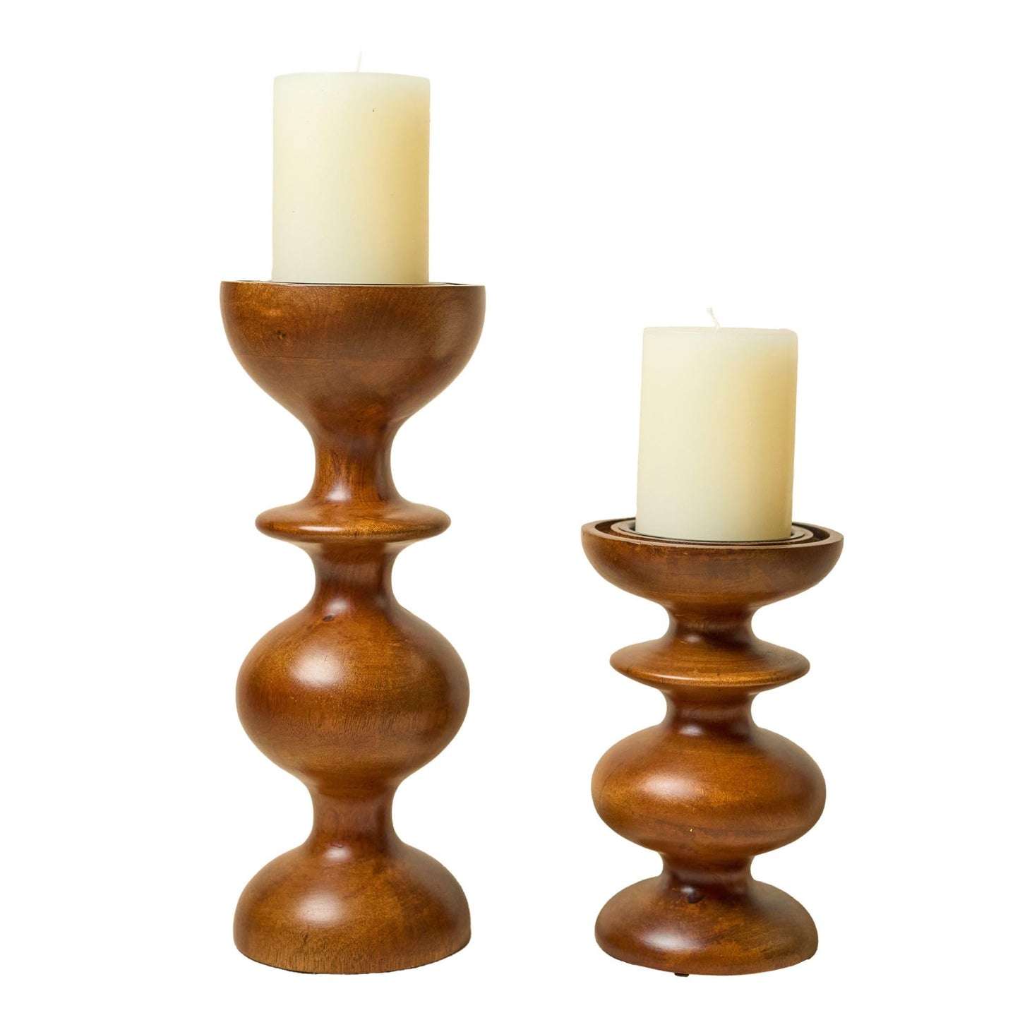 Wooden Hurricane Glass Candle Holder, Gift Set - 2 Baluster Candle Holders, 2 Hurricane Domes & 2 Pillar Candles | Gift for Wedding, Christmas, Housewarming | Handmade in India