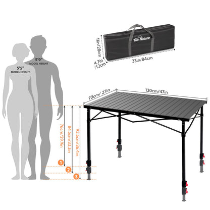 Join Nature Portable Outdoor Adjustable Height Camping Table, Large for 2-6 Person, Foldable Roll-up Aluminum Camp Table with Carry Bag for Picnic, Camp, Sturdy, Stable, Loads 220 Lbs (Black)