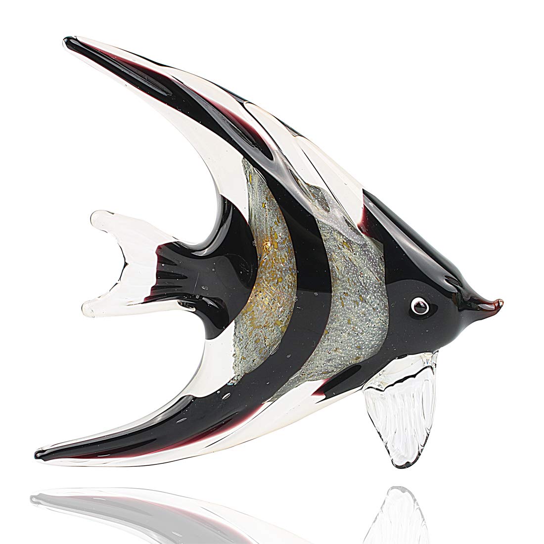 Hophen Art Glass Tropical Angel Swallow Fish Blown Handmade Sea Animal Figurine Sculpture Home Decor Collectible Statue Paper Weight Gift Ornament (Black White)