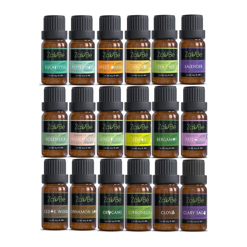 MABUA 18 Essential Oil Set with 20 Holes Case 100% Diffuser Lavender Lemon Peppermint TeaTree Argan Frankincense Bergamot Lemon