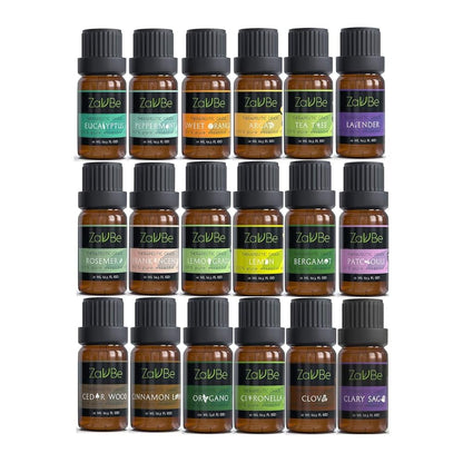 MABUA 18 Essential Oil Set with 20 Holes Case 100% Diffuser Lavender Lemon Peppermint TeaTree Argan Frankincense Bergamot Lemon