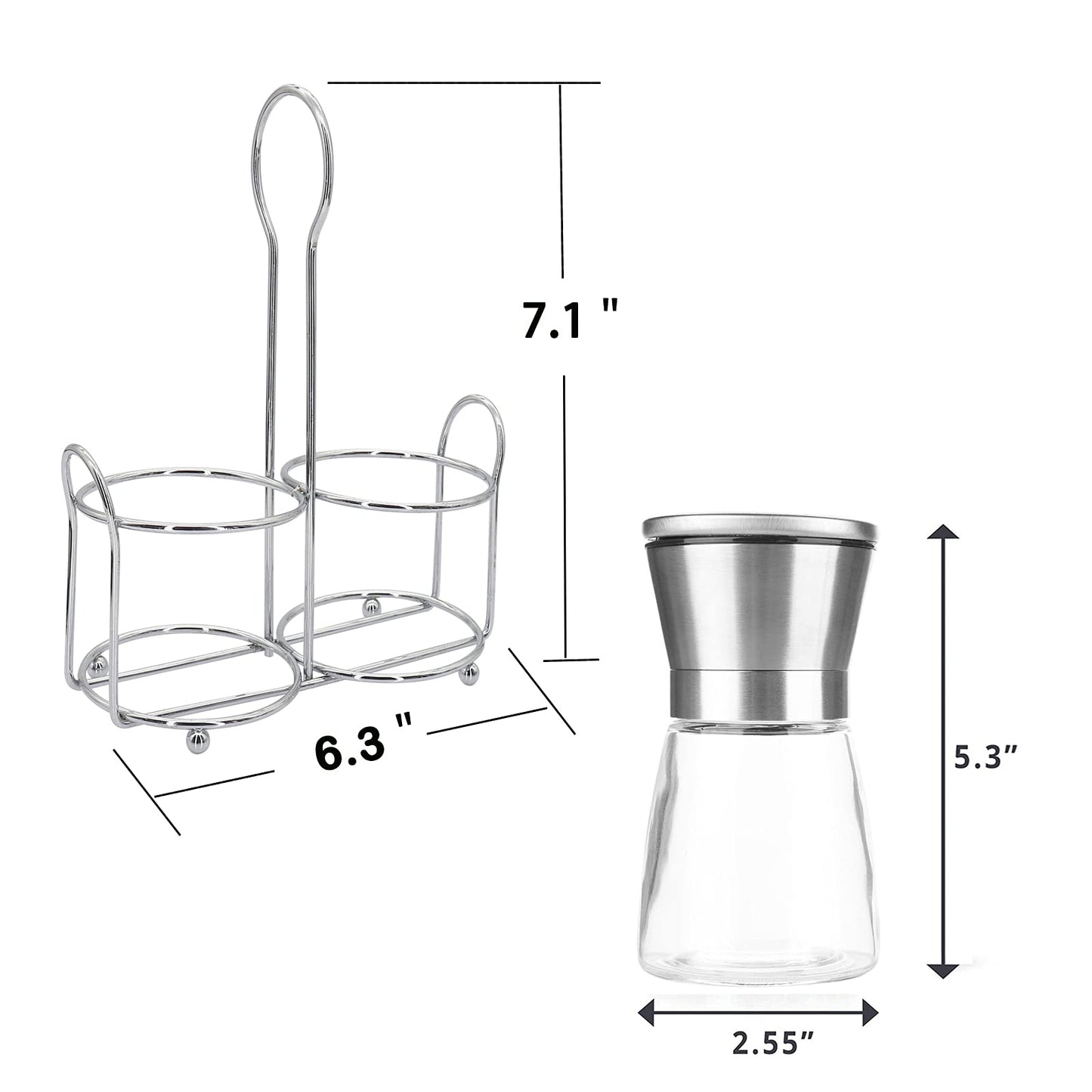 Premium Stainless Steel Salt and Pepper Grinder Set - Short Glass Shaker, Pepper Mill & Salt Mill with Adjustable Coarseness, Refillable for Himalayan or Sea Salt, Black Peppercorn, with Bonus Stand