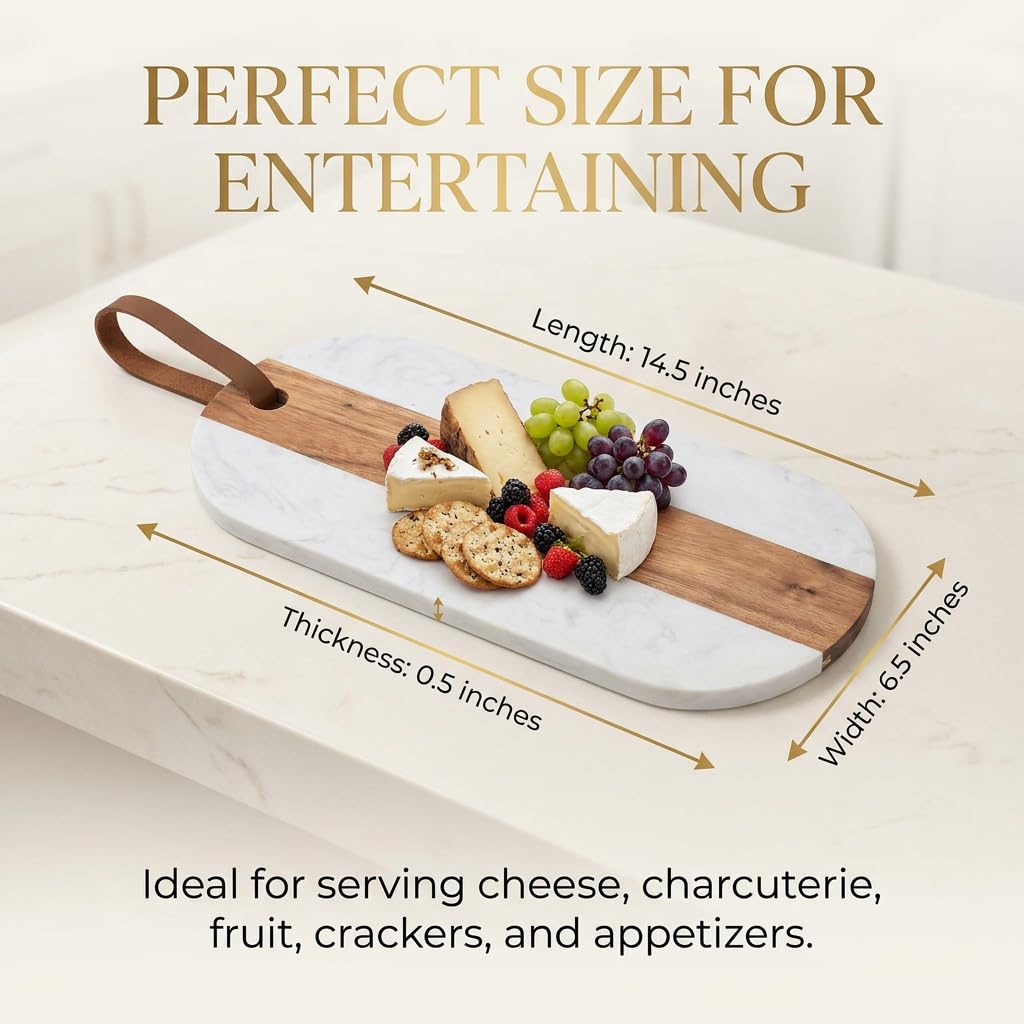 Marble & Acacia Wood Charcuterie Board, Cheese Board, Serving Platter & Appetizer Tray with Leather Strap, Marble Cheese Board for Entertaining, Housewarming Gift, Wedding Gift for Couples