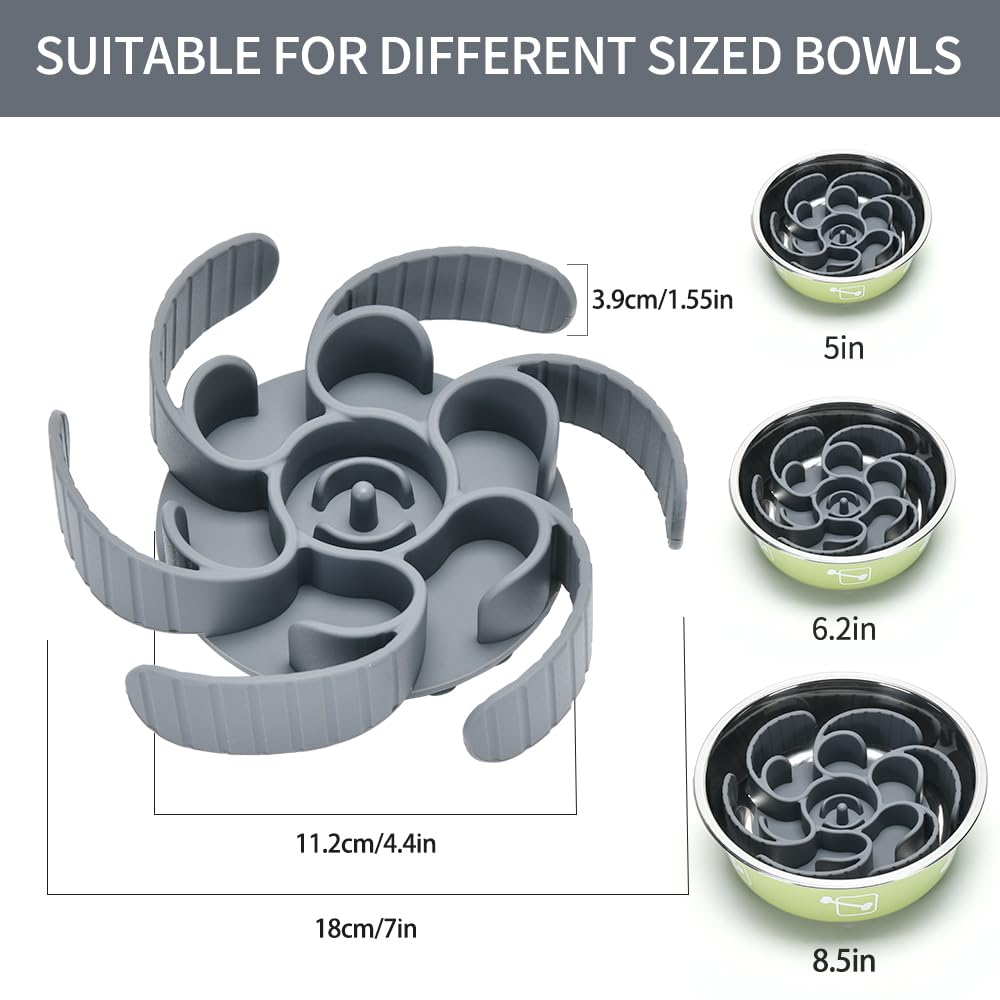 Slow Feeder Dog Bowls Insert,Third Generation upgradedSuper Firm Eating Bowl（Cuttable） for Large Breed and Medium Small Size Compatible with Regular Elevated Metal Glass Dog Bowl (Gray) (Grey)