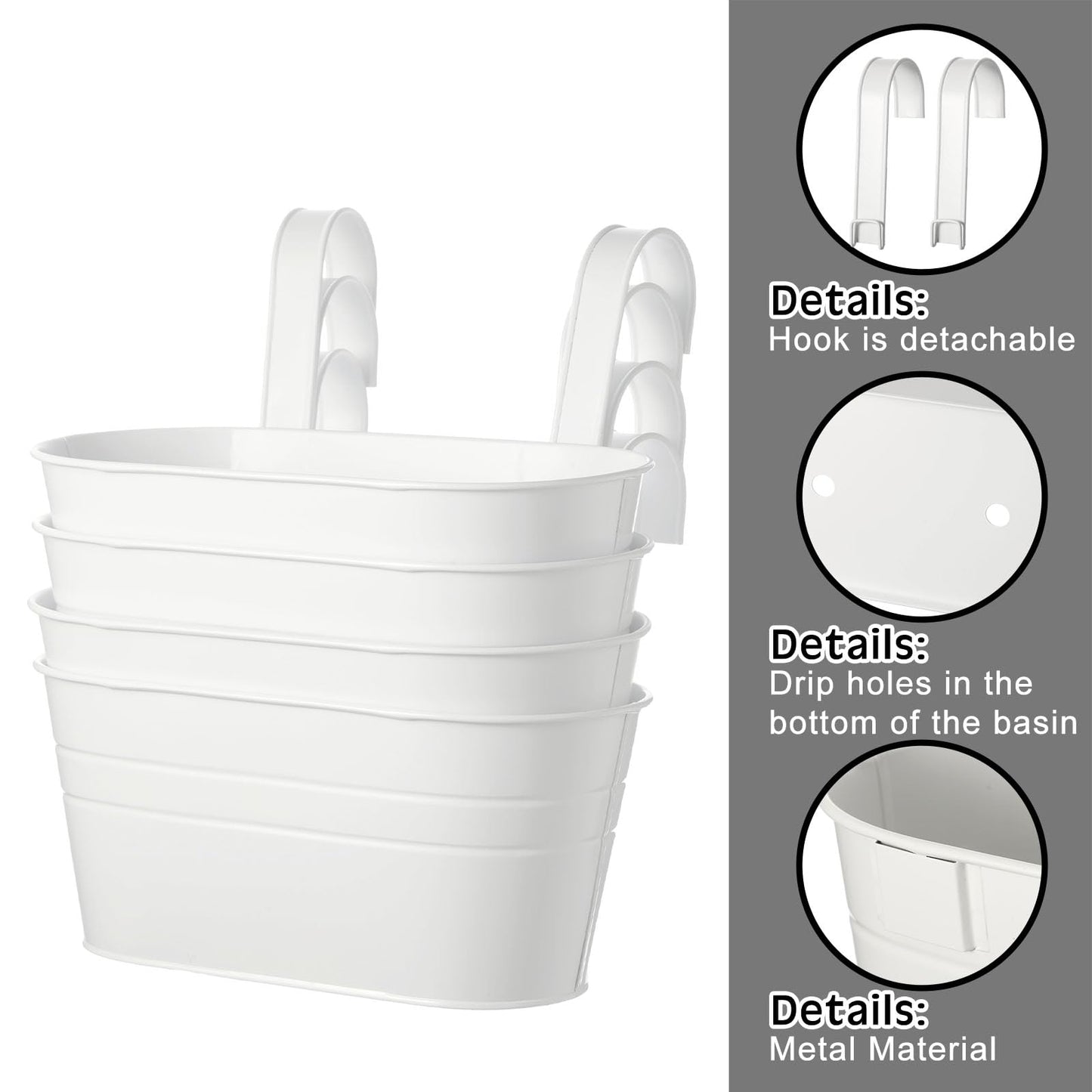 Hicarer 4 Pcs Metal Hanging Flower Pots for Railing Fence, 10.6 Inch Hanging Rail Planters for Outdoor Window Balcony Plants Holder with Hooks for Garden Yard Home Decor (White)