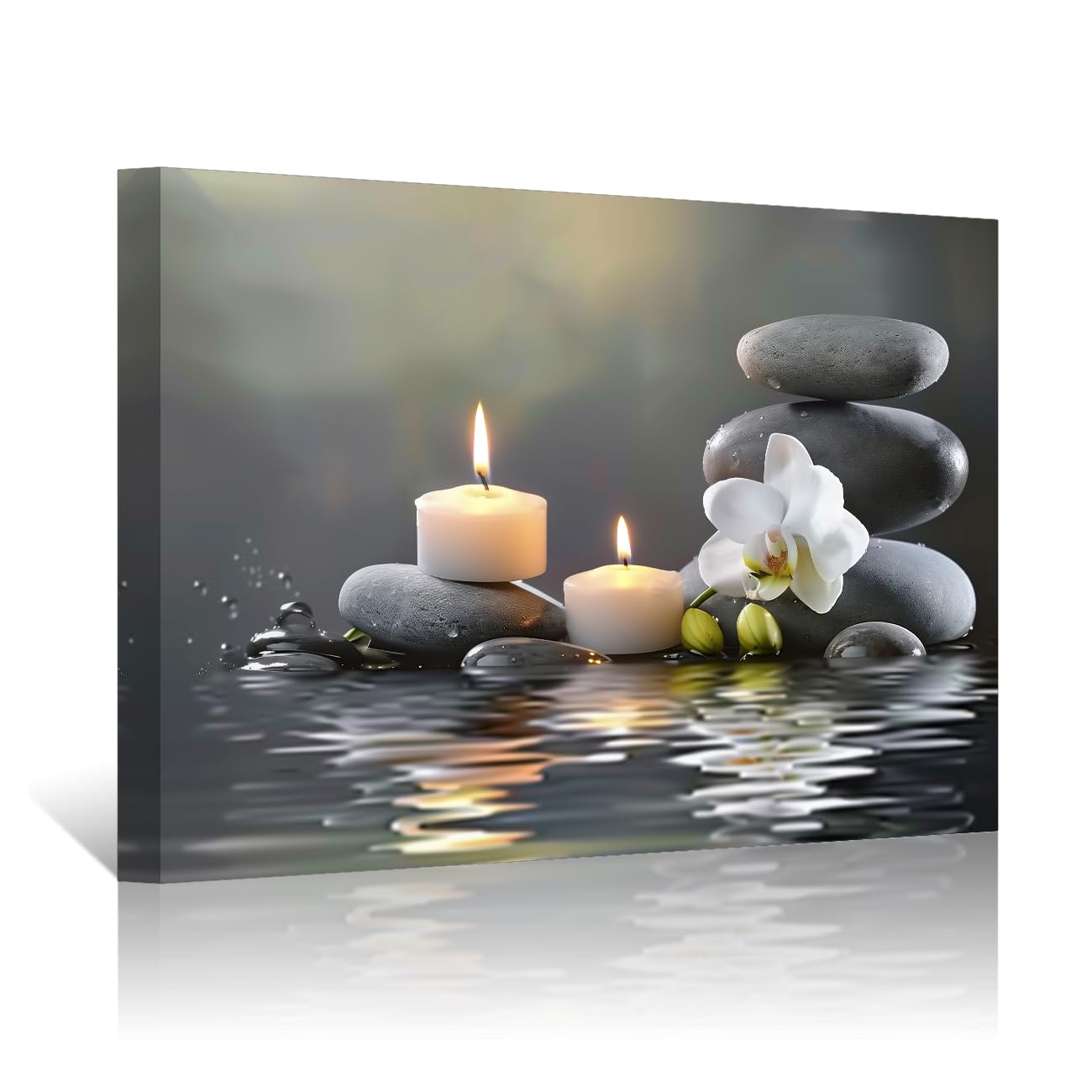 PBXBJY Bathroom Wall Art Orchid Flower with Black Zen Stone Pictures SPA Candle Picture Prints Still Life Canvas Painting for Meditation Spiritual Room Decor (White, (16.00" x 24.00"))