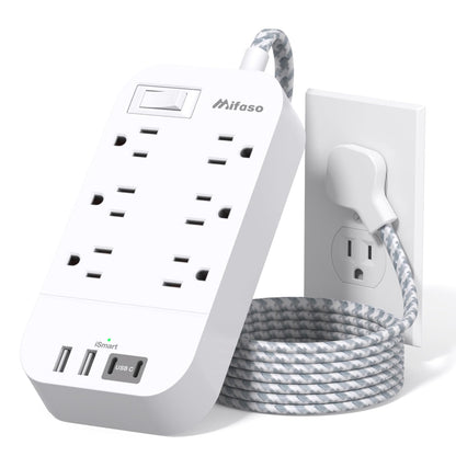 Power Strip - 10 FT Long Flat Plug Extension Cord, 6 Outlets 2 USB A 2 USB C Ports Outlet Extender with Overload Protection, Wall Mount, Desktop Charging Station for Home, Office and Dorm Essential