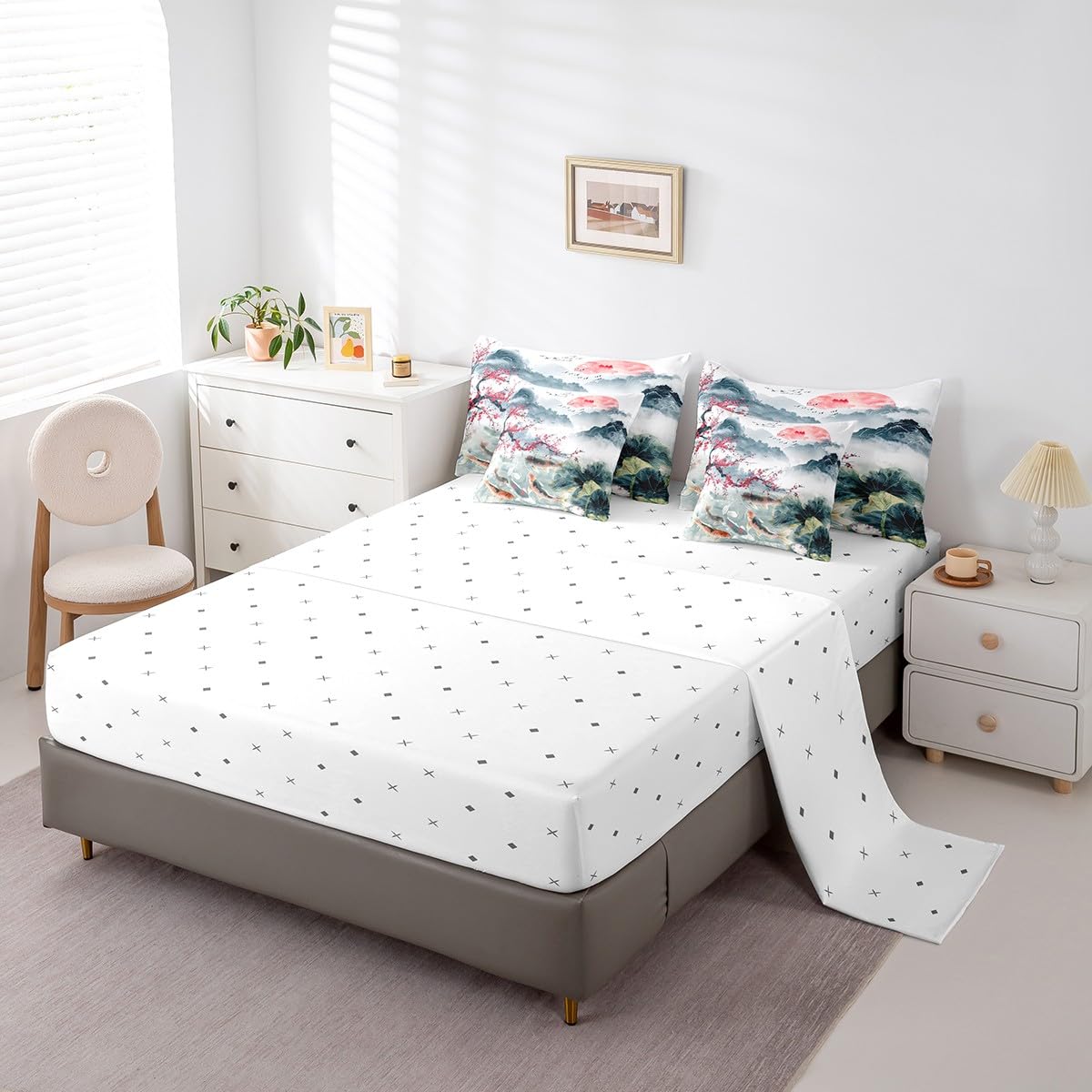 Erosebridal 7 Piece Cherry Blossoms Bed in a Bag Full for Girls Women Chinese Style Sheet Set Lotus Leaf Print Cushion Covers Landscape Painting Bedding with Comforter Koi Print Bed Set