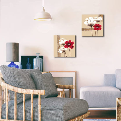 Wieco Art Red and White Flowers Canvas Prints Wall Art Abstract Floral Oil Paintings Style Pictures for Living Room Bedroom Bathroom Home Decorations 2 Piece Modern Stretched and Framed Grace Artwork