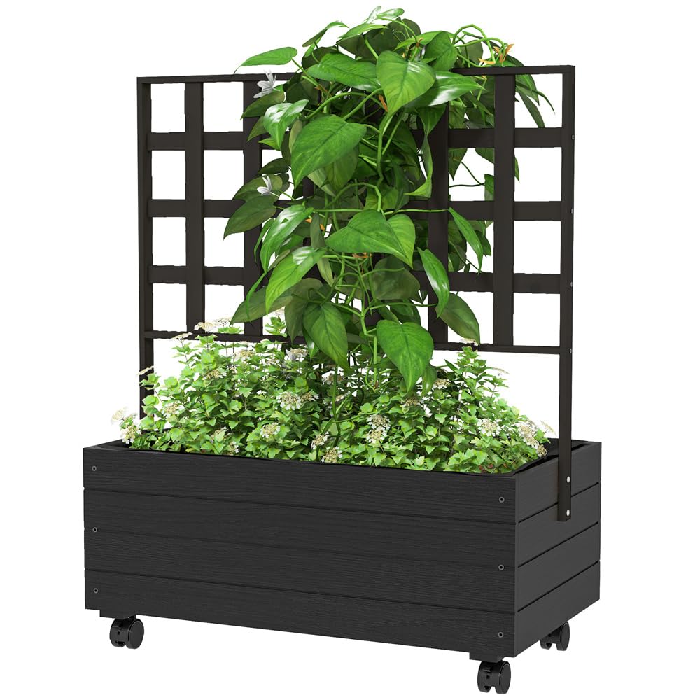 Raised Garden Bed Outdoor Planter Box with Trellis and Wheels, Tomato Planter Cage with Trellis, Indoor Outdoor Patio Planters for Climbing Plants Vegetable Flowers 34.6" W x 18.9" D x 41.3" H
